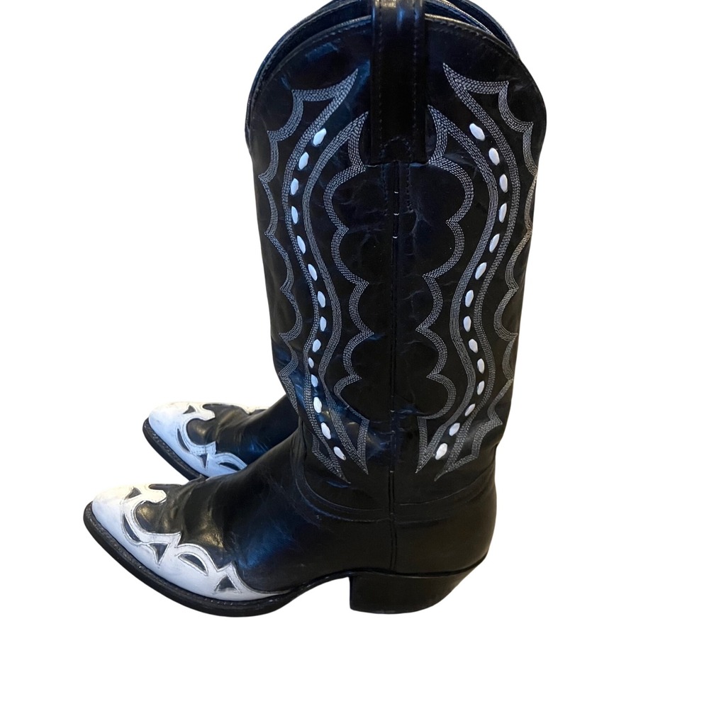 J. Chisholm Mens 7 D Black White Leather Cowboy Boots J6027 Handcrafted USA